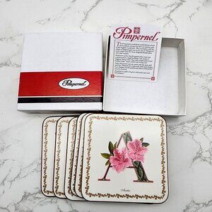 Pimpernel Coasters Alphabet Florals Azalea Flower Set 6 Vintage 4 1/8" England